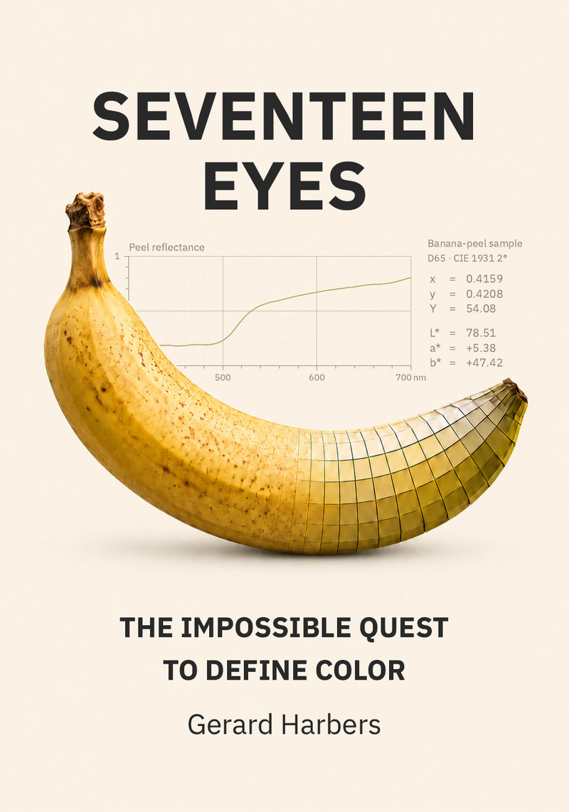 Front cover of Seventeen Eyes: a banana on a cream ground, with a peel reflectance curve and its colorimetric values behind it.